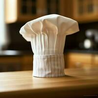 blanc cuisinier chapeau dans le cuisine table et copie espace pour votre décoration. La publicité la photographie concept par ai généré photo