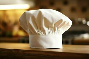 blanc cuisinier chapeau dans le cuisine table et copie espace pour votre décoration. La publicité la photographie concept par ai généré photo