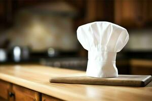 blanc cuisinier chapeau dans le cuisine table et copie espace pour votre décoration. La publicité la photographie concept par ai généré photo