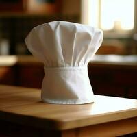 blanc cuisinier chapeau dans le cuisine table et copie espace pour votre décoration. La publicité la photographie concept par ai généré photo