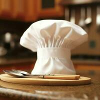 blanc cuisinier chapeau dans le cuisine table et copie espace pour votre décoration. La publicité la photographie concept par ai généré photo