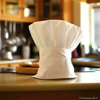 blanc cuisinier chapeau dans le cuisine table et copie espace pour votre décoration. La publicité la photographie concept par ai généré photo