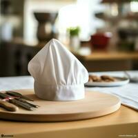 blanc cuisinier chapeau dans le cuisine table et copie espace pour votre décoration. La publicité la photographie concept par ai généré photo