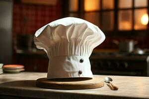 blanc cuisinier chapeau dans le cuisine table et copie espace pour votre décoration. La publicité la photographie concept par ai généré photo