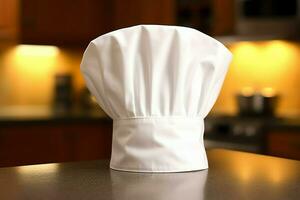 blanc cuisinier chapeau dans le cuisine table et copie espace pour votre décoration. La publicité la photographie concept par ai généré photo