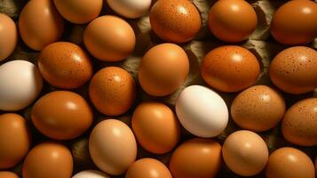 une lot tas de Frais poulet des œufs sur le en bois, nid ou paille panier. éco des œufs les courses en bonne santé concept par ai généré photo