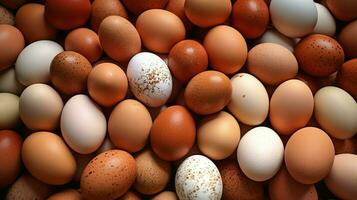 une lot tas de Frais poulet des œufs sur le en bois, nid ou paille panier. éco des œufs les courses en bonne santé concept par ai généré photo