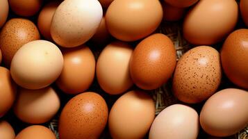 une lot tas de Frais poulet des œufs sur le en bois, nid ou paille panier. éco des œufs les courses en bonne santé concept par ai généré photo