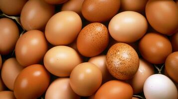 une lot tas de Frais poulet des œufs sur le en bois, nid ou paille panier. éco des œufs les courses en bonne santé concept par ai généré photo