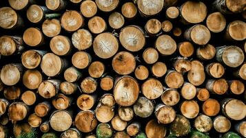 une grand circulaire pièce de bois, en bois tronc ou empilés arbre bois pour meubles industrie. en bois Journal concept par ai généré photo