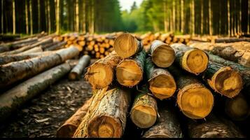 une grand circulaire pièce de bois, en bois tronc ou empilés arbre bois pour meubles industrie. en bois Journal concept par ai généré photo