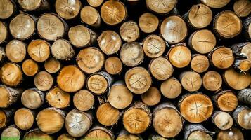 une grand circulaire pièce de bois, en bois tronc ou empilés arbre bois pour meubles industrie. en bois Journal concept par ai généré photo