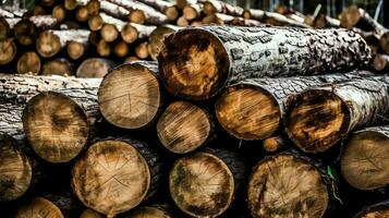 une grand circulaire pièce de bois, en bois tronc ou empilés arbre bois pour meubles industrie. en bois Journal concept par ai généré photo