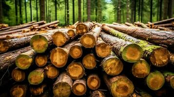 une grand circulaire pièce de bois, en bois tronc ou empilés arbre bois pour meubles industrie. en bois Journal concept par ai généré photo