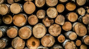 une grand circulaire pièce de bois, en bois tronc ou empilés arbre bois pour meubles industrie. en bois Journal concept par ai généré photo