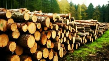 une grand circulaire pièce de bois, en bois tronc ou empilés arbre bois pour meubles industrie. en bois Journal concept par ai généré photo