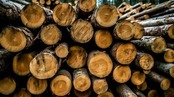 une grand circulaire pièce de bois, en bois tronc ou empilés arbre bois pour meubles industrie. en bois Journal concept par ai généré photo