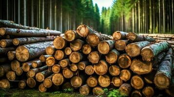 une grand circulaire pièce de bois, en bois tronc ou empilés arbre bois pour meubles industrie. en bois Journal concept par ai généré photo