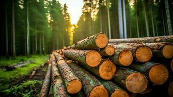 une grand circulaire pièce de bois, en bois tronc ou empilés arbre bois pour meubles industrie. en bois Journal concept par ai généré photo