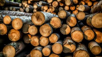 une grand circulaire pièce de bois, en bois tronc ou empilés arbre bois pour meubles industrie. en bois Journal concept par ai généré photo