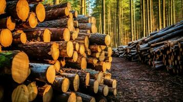 une grand circulaire pièce de bois, en bois tronc ou empilés arbre bois pour meubles industrie. en bois Journal concept par ai généré photo