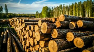 une grand circulaire pièce de bois, en bois tronc ou empilés arbre bois pour meubles industrie. en bois Journal concept par ai généré photo