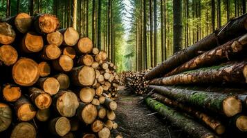 une grand circulaire pièce de bois, en bois tronc ou empilés arbre bois pour meubles industrie. en bois Journal concept par ai généré photo