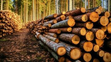 une grand circulaire pièce de bois, en bois tronc ou empilés arbre bois pour meubles industrie. en bois Journal concept par ai généré photo