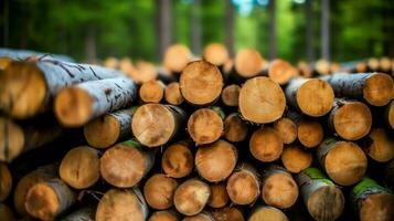 une grand circulaire pièce de bois, en bois tronc ou empilés arbre bois pour meubles industrie. en bois Journal concept par ai généré photo