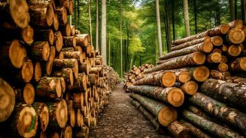 une grand circulaire pièce de bois, en bois tronc ou empilés arbre bois pour meubles industrie. en bois Journal concept par ai généré photo