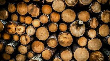 une grand circulaire pièce de bois, en bois tronc ou empilés arbre bois pour meubles industrie. en bois Journal concept par ai généré photo