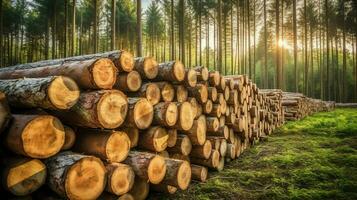 une grand circulaire pièce de bois, en bois tronc ou empilés arbre bois pour meubles industrie. en bois Journal concept par ai généré photo