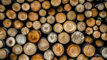 une grand circulaire pièce de bois, en bois tronc ou empilés arbre bois pour meubles industrie. en bois Journal concept par ai généré photo