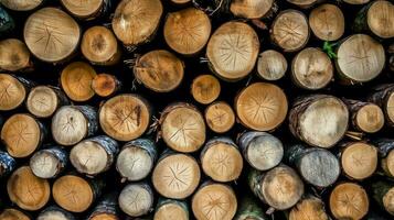 une grand circulaire pièce de bois, en bois tronc ou empilés arbre bois pour meubles industrie. en bois Journal concept par ai généré photo