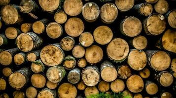 une grand circulaire pièce de bois, en bois tronc ou empilés arbre bois pour meubles industrie. en bois Journal concept par ai généré photo