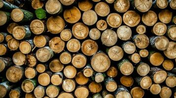 une grand circulaire pièce de bois, en bois tronc ou empilés arbre bois pour meubles industrie. en bois Journal concept par ai généré photo