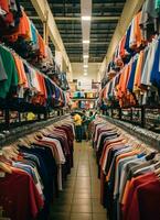 rangée de à la mode polo t-shirts pour homme sur en bois cintre ou grille dans une Vêtements boutique vente au détail magasin concept par ai généré photo