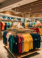 rangée de à la mode polo t-shirts pour homme sur en bois cintre ou grille dans une Vêtements boutique vente au détail magasin concept par ai généré photo