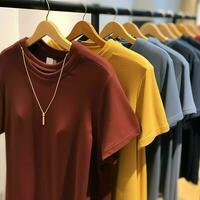 rangée de à la mode polo t-shirts pour homme sur en bois cintre ou grille dans une Vêtements boutique vente au détail magasin concept par ai généré photo