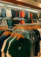 rangée de à la mode polo t-shirts pour homme sur en bois cintre ou grille dans une Vêtements boutique vente au détail magasin concept par ai généré photo