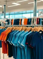 rangée de à la mode polo t-shirts pour homme sur en bois cintre ou grille dans une Vêtements boutique vente au détail magasin concept par ai généré photo