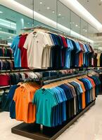 rangée de à la mode polo t-shirts pour homme sur en bois cintre ou grille dans une Vêtements boutique vente au détail magasin concept par ai généré photo