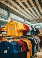 rangée de à la mode polo t-shirts pour homme sur en bois cintre ou grille dans une Vêtements boutique vente au détail magasin concept par ai généré photo