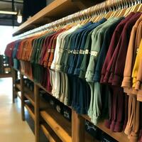 rangée de à la mode polo t-shirts pour homme sur en bois cintre ou grille dans une Vêtements boutique vente au détail magasin concept par ai généré photo