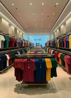 rangée de à la mode polo t-shirts pour homme sur en bois cintre ou grille dans une Vêtements boutique vente au détail magasin concept par ai généré photo