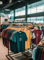 rangée de à la mode polo t-shirts pour homme sur en bois cintre ou grille dans une Vêtements boutique vente au détail magasin concept par ai généré photo