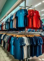 rangée de à la mode polo t-shirts pour homme sur en bois cintre ou grille dans une Vêtements boutique vente au détail magasin concept par ai généré photo