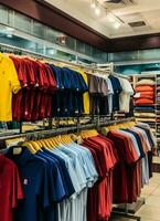 rangée de à la mode polo t-shirts pour homme sur en bois cintre ou grille dans une Vêtements boutique vente au détail magasin concept par ai généré photo