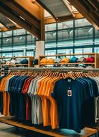 rangée de à la mode polo t-shirts pour homme sur en bois cintre ou grille dans une Vêtements boutique vente au détail magasin concept par ai généré photo