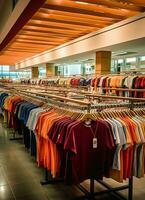 rangée de à la mode polo t-shirts pour homme sur en bois cintre ou grille dans une Vêtements boutique vente au détail magasin concept par ai généré photo